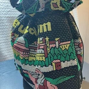 Beaded Drawstring Bag - Black and Multicolor
